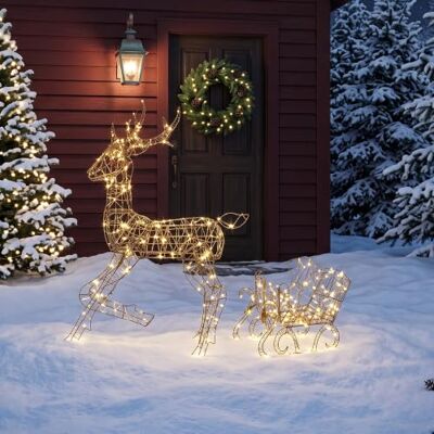 Outsunny LED Rentier mit Schlitten, 175 Warmweiße LEDs für Innen und Aussen Weihnachtsbeleuchtung mit 8 Lichtmodi, Timer, Weihnachtsfigur aus Polyrattan, Metallrahmen, Braun Outsunny LED Rentier mit Schlitten, 175 Warmweiße LEDs für Innen und Aussen Weihnachtsbeleuchtung mit 8 Lichtmodi, Timer, Weihnachtsfigur aus Polyrattan, Metallrahmen, Braun