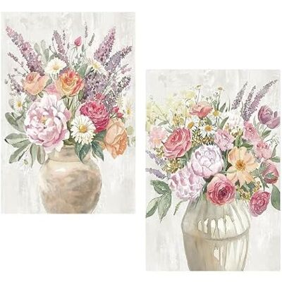 DRW Set mit 2 natürlichen Leinwandbildern mit Vasen und Blumen in Weiß, Lila und Rosa, 40 x 60 x 3 cm DRW Set mit 2 natürlichen Leinwandbildern mit Vasen und Blumen in Weiß, Lila und Rosa, 40 x 60 x 3 cm
