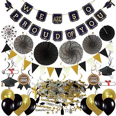 ZERODECO Abschlussdekorationen, Schwarz und Gold We Are so Proud of You Banner mit Seidenpapier Pom Poms Fächer Dreieckige Wimpel Girlande Spiralen Dekoration Abschluss Konfetti und Luftballon ZERODECO Abschlussdekorationen, Schwarz und Gold We Are so Proud of You Banner mit Seidenpapier Pom Poms Fächer Dreieckige Wimpel Girlande Spiralen Dekoration Abschluss Konfetti und Luftballon