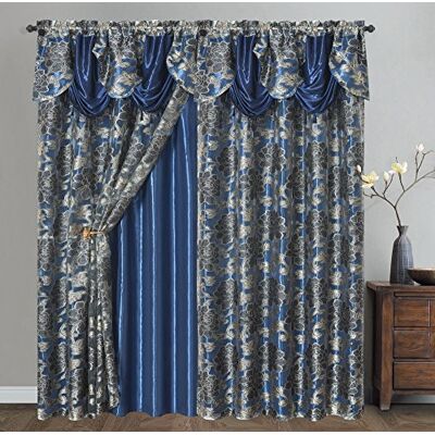 Ocean GOHD Royal Rosarium Voile-Jacquard-Fenstervorhang mit Volant und TAFT-Rückseite, 2-teiliges Set, 137,2 x 213,4 cm + Volant 45,7 cm, Nachtblau Ocean GOHD Royal Rosarium Voile-Jacquard-Fenstervorhang mit Volant und TAFT-Rückseite, 2-teiliges Set, 137,2 x 213,4 cm + Volant 45,7 cm, Nachtblau