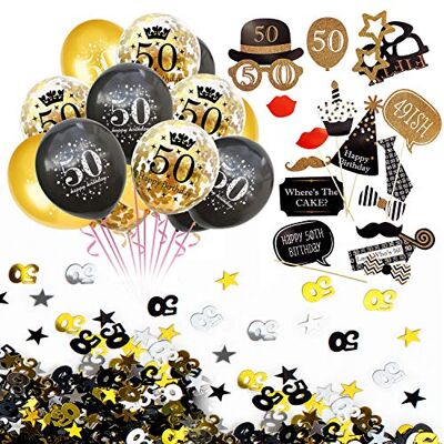 Unique ® 50. Geburtstag Party Feier Deko Set Happy Birthday 50 Konfetti Luftballons Set + Fotorequisiten Fotoaccessoires + Konfetti Zahl 50 + Sterne Gold Silber Schwarz Mix Unique ® 50. Geburtstag Party Feier Deko Set Happy Birthday 50 Konfetti Luftballons Set + Fotorequisiten Fotoaccessoires + Konfetti Zahl 50 + Sterne Gold Silber Schwarz Mix