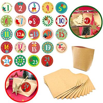 Unique ® DIY Adventskalender Set mit 24 Tüten aus Kraftpapier und 24 Zahlen Sticker Aufkleber für Weihnachten Advent Deko Kisten Basteln (Bunt) Unique ® DIY Adventskalender Set mit 24 Tüten aus Kraftpapier und 24 Zahlen Sticker Aufkleber für Weihnachten Advent Deko Kisten Basteln (Bunt)
