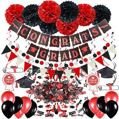 ZERODECO Abschlussdekorationen, Schwarz und Rot Congrats Grad Banner mit Seidenpapier Pom Poms Dreieckige Wimpel Girlande Spiralen Dekoration Abschluss Konfetti und Luftballon ZERODECO Abschlussdekorationen, Schwarz und Rot Congrats Grad Banner mit Seidenpapier Pom Poms Dreieckige Wimpel Girlande Spiralen Dekoration Abschluss Konfetti und Luftballon