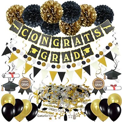 ZERODECO Abschlussdekorationen, Schwarz und Gold Congrats Grad Banner mit Seidenpapier Pom Poms Dreieckige Wimpel Girlande Spiralen Dekoration Abschluss Konfetti und Luftballon ZERODECO Abschlussdekorationen, Schwarz und Gold Congrats Grad Banner mit Seidenpapier Pom Poms Dreieckige Wimpel Girlande Spiralen Dekoration Abschluss Konfetti und Luftballon