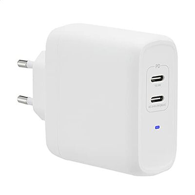 Amazon USB-C-Wandladegerät mit 2 Anschlüsse, 63W, GaN, für Laptops, Tablets und Handys mit Stromversorgung, Weiß (Nicht PPS), 6,6 x 2,94 x 6,24 cm Amazon USB-C-Wandladegerät mit 2 Anschlüsse, 63W, GaN, für Laptops, Tablets und Handys mit Stromversorgung, Weiß (Nicht PPS), 6,6 x 2,94 x 6,24 cm