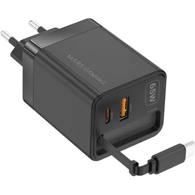 Mars Gaming MD-GAN65R, ultrakompaktes USB-C-Ladegerät 65W, Schnellladung QC 3.0 und PD 3.0, GaN-Technologie, flaches 65cm einziehbares Kabel, 9 Schutzfunktionen, USB-A- und USB-C-Anschluss, Schwarz Mars Gaming MD-GAN65R, ultrakompaktes USB-C-Ladegerät 65W, Schnellladung QC 3.0 und PD 3.0, GaN-Technologie, flaches 65cm einziehbares Kabel, 9 Schutzfunktionen, USB-A- und USB-C-Anschluss, Schwarz