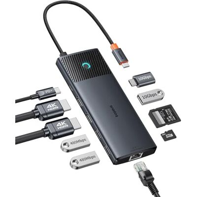 Baseus 10-in-1 Docking Station USB C 10 Gbps Up to 4K@120 Hz, Hub mit 2 HDMI, 2X USB-C und 3X USB-A, Gigabit Ethernet, SD/TF und 100W Power Delivery für MacBook/Dell/HP/Lenovo und mehr PC Baseus 10-in-1 Docking Station USB C 10 Gbps Up to 4K@120 Hz, Hub mit 2 HDMI, 2X USB-C und 3X USB-A, Gigabit Ethernet, SD/TF und 100W Power Delivery für MacBook/Dell/HP/Lenovo und mehr PC