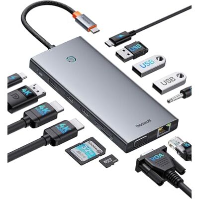Baseus 【Chip-Optimiert】 USB C Docking Station 3 Monitore, 13-in-1 USB C Hub mit 2 HDMI 4K@60Hz, DisplayPort 4K@60Hz, VGA, USB 3.1 10 Gbps, PD 100W und Ethernet für Dell/HP/Lenovo/Surface Laptop Baseus 【Chip-Optimiert】 USB C Docking Station 3 Monitore, 13-in-1 USB C Hub mit 2 HDMI 4K@60Hz, DisplayPort 4K@60Hz, VGA, USB 3.1 10 Gbps, PD 100W und Ethernet für Dell/HP/Lenovo/Surface Laptop