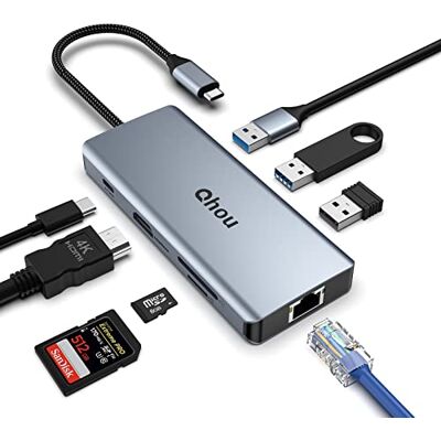 Qhou USB C Hub mit Ethernet, 8 in 1 Dual Monitor USB C Adapter mit 4K@30Hz HDMI, Ethernet, 2* USB 3.0, USB 2.0, 100W PD, SD/TF Kompatibel Laptop/PC/iPad/Surface Qhou USB C Hub mit Ethernet, 8 in 1 Dual Monitor USB C Adapter mit 4K@30Hz HDMI, Ethernet, 2* USB 3.0, USB 2.0, 100W PD, SD/TF Kompatibel Laptop/PC/iPad/Surface