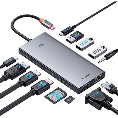 Baseus USB C Docking Station 3 Monitore, 13-in-1 USB C Hub mit 2 HDMI 4K@60Hz, DisplayPort 4K@120Hz, VGA, USB 3.1 10 Gbps Datenübertragung, PD 100W und Ethernet für Dell/HP/Lenovo/Surface Laptop Baseus USB C Docking Station 3 Monitore, 13-in-1 USB C Hub mit 2 HDMI 4K@60Hz, DisplayPort 4K@120Hz, VGA, USB 3.1 10 Gbps Datenübertragung, PD 100W und Ethernet für Dell/HP/Lenovo/Surface Laptop