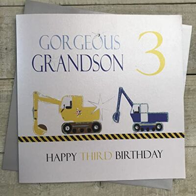 White Cotton Cards XN216-3 Geburtstagskarte zum 3. Geburtstag, handgefertigt, Motiv: Diggers Gorgeous Grandson 3 Happy Third White Cotton Cards XN216-3 Geburtstagskarte zum 3. Geburtstag, handgefertigt, Motiv: Diggers Gorgeous Grandson 3 Happy Third