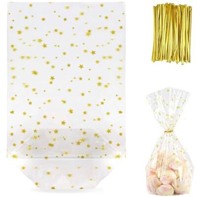 DALAETUS 100 Stück Transparente Weihnachten Beutel Set, 13cm x 21cm Cellophantüten Mit Bindebaender, Bodenbeutel für Geschenke, Verpackung, Geburtstagsfeier (Goldene Sterne) DALAETUS 100 Stück Transparente Weihnachten Beutel Set, 13cm x 21cm Cellophantüten Mit Bindebaender, Bodenbeutel für Geschenke, Verpackung, Geburtstagsfeier (Goldene Sterne)