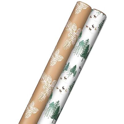 Hallmark Weihnachts-Geschenkpapier mit Schnittlinien (2 Rollen: 150 m²) grüne Bäume auf weißen, weißen Tannenzapfen auf braunem Kraftpapier für Feiertage, Hanukka, Wintersonnenwende, Hochzeiten Hallmark Weihnachts-Geschenkpapier mit Schnittlinien (2 Rollen: 150 m²) grüne Bäume auf weißen, weißen Tannenzapfen auf braunem Kraftpapier für Feiertage, Hanukka, Wintersonnenwende, Hochzeiten