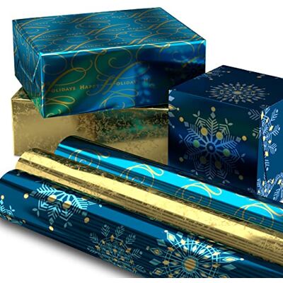 Hallmark 0005JXW1062 Blaues geschnittenen Linien auf der Rückseite (3 Rollen: 60 qm). ftl Geschenkpapier, Papier, Marineblau und Gold Hallmark 0005JXW1062 Blaues geschnittenen Linien auf der Rückseite (3 Rollen: 60 qm). ftl Geschenkpapier, Papier, Marineblau und Gold