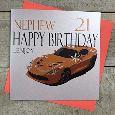 White Cotton Cards Glückwunschkarte zum 21. Geburtstag, handgefertigt, Motiv: Sportwagen, Aufschrift: Nephew 21 Happy Birthday...Enjoy, Weiß White Cotton Cards Glückwunschkarte zum 21. Geburtstag, handgefertigt, Motiv: Sportwagen, Aufschrift: Nephew 21 Happy Birthday...Enjoy, Weiß