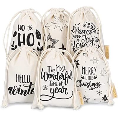 Papierdrachen Geschenkverpackung Weihnachten 2026 Set 6 Stück Stoffbeutel beige bedruckt Kordelzug wiederverwendbar zum Befüllen 13x18cm Papierdrachen Geschenkverpackung Weihnachten 2026 Set 6 Stück Stoffbeutel beige bedruckt Kordelzug wiederverwendbar zum Befüllen 13x18cm