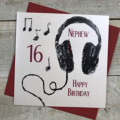 White Cotton Cards SB54-N16 Glückwunschkarte zum 16. Geburtstag, handgefertigt, Motiv: Neffen mit 16 Happy Headphones White Cotton Cards SB54-N16 Glückwunschkarte zum 16. Geburtstag, handgefertigt, Motiv: Neffen mit 16 Happy Headphones