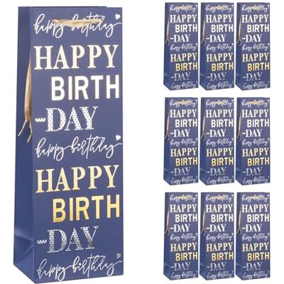 Idena 90531 Flaschentaschen Happy Birthday, 10 Stück, Geschenktaschen in der Größe 12,5 x 35 x 9 cm, blaue Papiertüten mit Gold und Silber Idena 90531 Flaschentaschen Happy Birthday, 10 Stück, Geschenktaschen in der Größe 12,5 x 35 x 9 cm, blaue Papiertüten mit Gold und Silber