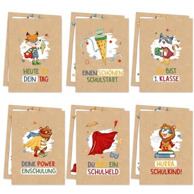 Papierdrachen 6 Karten zur Einschulung mit Superhelden Tieren beidseitig Bedruckt hochwertige Grammatur mit braunen Kraftpapierumschlägen Set 01 Papierdrachen 6 Karten zur Einschulung mit Superhelden Tieren beidseitig Bedruckt hochwertige Grammatur mit braunen Kraftpapierumschlägen Set 01