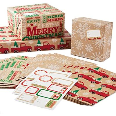 Hallmark Recycelbares Kraftpapier für Weihnachten, flaches Geschenkpapier mit Schnittlinien auf der Rückseite (12 gefaltete Bögen mit Aufkleber-Geschenkanhänger), rustikale rote LKWs, weiße Hallmark Recycelbares Kraftpapier für Weihnachten, flaches Geschenkpapier mit Schnittlinien auf der Rückseite (12 gefaltete Bögen mit Aufkleber-Geschenkanhänger), rustikale rote LKWs, weiße