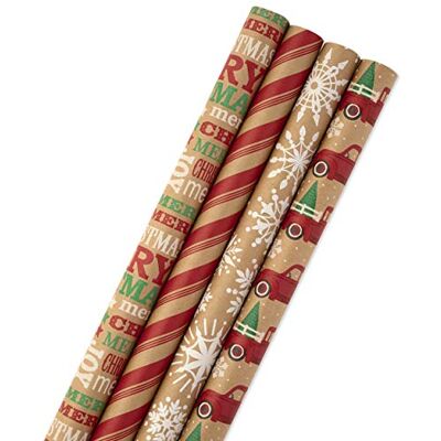 Hallmark Weihnachts-Geschenkpapier-Set mit Schnittlinien auf der Rückseite, Kraftpapier (4 Stück, 88 m² ftl) rote LKWs, Schneeflocken, Streifen, Merry Christmas Hallmark Weihnachts-Geschenkpapier-Set mit Schnittlinien auf der Rückseite, Kraftpapier (4 Stück, 88 m² ftl) rote LKWs, Schneeflocken, Streifen, Merry Christmas