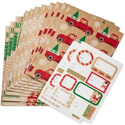 Hallmark Recycelbares Kraftpapier für Weihnachten, flaches Geschenkpapier mit Schnittlinien auf der Rückseite (12 gefaltete Bögen mit Aufkleber-Geschenkanhänger), rustikale rote LKWs, weiße Hallmark Recycelbares Kraftpapier für Weihnachten, flaches Geschenkpapier mit Schnittlinien auf der Rückseite (12 gefaltete Bögen mit Aufkleber-Geschenkanhänger), rustikale rote LKWs, weiße