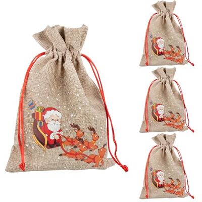 Idena Weihnachtsgeschenkesäcke, 4 Stück, 22 x 32 cm Stoffbeutel mit Weihnachtsmann im Rentierschlitten, „Frohe Weihnachten“, rote Kordel, 90494 Idena Weihnachtsgeschenkesäcke, 4 Stück, 22 x 32 cm Stoffbeutel mit Weihnachtsmann im Rentierschlitten, „Frohe Weihnachten“, rote Kordel, 90494