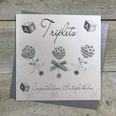 White Cotton Cards Drillinge Silber Drillinge Rasseln Congratulations IT 'S Triple die Fun New Baby Card, handgefertigt, Weiß White Cotton Cards Drillinge Silber Drillinge Rasseln Congratulations IT 'S Triple die Fun New Baby Card, handgefertigt, Weiß