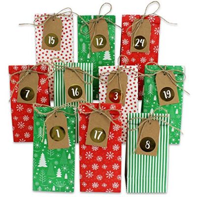 Papierdrachen Adventskalender 2026 DIY Geschenktüten Rot-Grün 24 bedruckte Tüten praktische Größe 8x6x22cm inkl. Zahlenaufkleber & Klammern zum Selbstbefüllen & Verschenken Advent Papierdrachen Adventskalender 2026 DIY Geschenktüten Rot-Grün 24 bedruckte Tüten praktische Größe 8x6x22cm inkl. Zahlenaufkleber & Klammern zum Selbstbefüllen & Verschenken Advent
