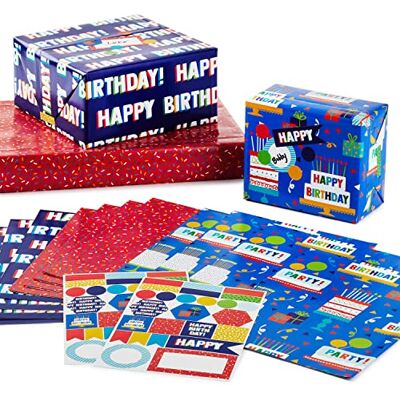 Hallmark Flache Geburtstags-Geschenkpapierbögen mit Schnittlinien auf der Rückseite (12 gefaltete Bögen mit Aufkleber-Siegeln) Happy Birthday, rotes Konfetti, blau mit Kuchen Hallmark Flache Geburtstags-Geschenkpapierbögen mit Schnittlinien auf der Rückseite (12 gefaltete Bögen mit Aufkleber-Siegeln) Happy Birthday, rotes Konfetti, blau mit Kuchen