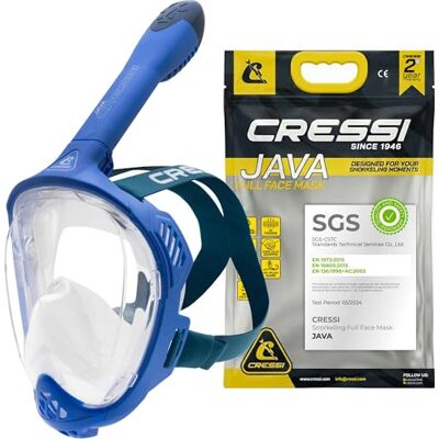 CRESSI Java Full Face Mask -Vollgesichts Schnorchelmaske Compact Fit, Ultraklare Antibeschlaglinse, 100 % Silikon, Schnorchel Trocken mit Sicherheitsventilen_Blau/Navy Blau_S/M CRESSI Java Full Face Mask -Vollgesichts Schnorchelmaske Compact Fit, Ultraklare Antibeschlaglinse, 100 % Silikon, Schnorchel Trocken mit Sicherheitsventilen_Blau/Navy Blau_S/M