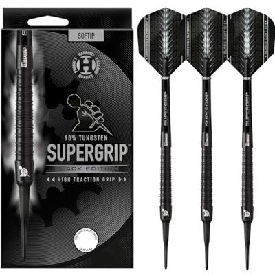 Harrows SUPERGRIP Black Edition 90% Wolfram-Dart-Set mit weicher Spitze. Erhältlich in 16 g, 18 g, 20 g – inklusive Supergrip-Schäften und Supergrip-Flights Harrows SUPERGRIP Black Edition 90% Wolfram-Dart-Set mit weicher Spitze. Erhältlich in 16 g, 18 g, 20 g – inklusive Supergrip-Schäften und Supergrip-Flights