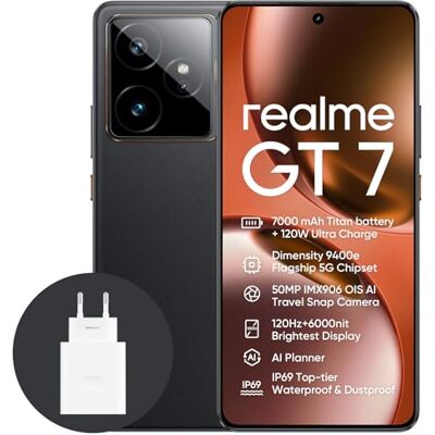 realme GT7, 5G, Smartphone, 12+256GB, 7000 mAh Battery, 120W Charge, Dimensity 9400e Chipset, IMX906 50MP Camera, AI Planner, 6000nits Pro-Esports 120Hz Display, IP69, Black, Amazon Exclusive realme GT7, 5G, Smartphone, 12+256GB, 7000 mAh Battery, 120W Charge, Dimensity 9400e Chipset, IMX906 50MP Camera, AI Planner, 6000nits Pro-Esports 120Hz Display, IP69, Black, Amazon Exclusive