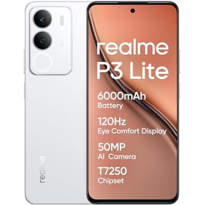 realme P3 lite Smartphone,White,8+256GB,120Hz Eye Comfort Display,6000 mAh Battery,T7250 Chipset, 50MP AI Camera,15W Charge, Military-Grade Shock Resistance,Daily Water Resistance(No Adapter) realme P3 lite Smartphone,White,8+256GB,120Hz Eye Comfort Display,6000 mAh Battery,T7250 Chipset, 50MP AI Camera,15W Charge, Military-Grade Shock Resistance,Daily Water Resistance(No Adapter)