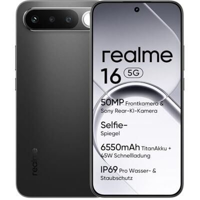 realme 16 5G Smartphone, 6GB+256GB, 120Hz AMOLED Display 6,57", Akku 6550mAh, Kamera 50MP Sony IMX852, IP69Pro, 45W Schnellladung, Dual SIM, NEXTAi, Schwarz (Ohne Netzteil) realme 16 5G Smartphone, 6GB+256GB, 120Hz AMOLED Display 6,57", Akku 6550mAh, Kamera 50MP Sony IMX852, IP69Pro, 45W Schnellladung, Dual SIM, NEXTAi, Schwarz (Ohne Netzteil)