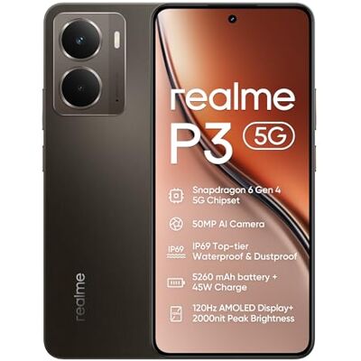 realme P3 5G Smartphone,8+256GB,5260 mAh Battery,45W charge,Snapdragon 6 Gen 4 Chipset, 50MP AI Camera,2000nits Pro-Esports 120Hz Display,IP69,Grey (No Adapter) realme P3 5G Smartphone,8+256GB,5260 mAh Battery,45W charge,Snapdragon 6 Gen 4 Chipset, 50MP AI Camera,2000nits Pro-Esports 120Hz Display,IP69,Grey (No Adapter)