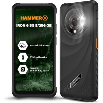 Hammer H Hammer Iron 6 5G 8GB/256GB Outdoor Handy, Baustellenhandy und Rugged Smartphone, 6.56" 120Hz Display, IP69 wasserdicht, 6050mAh Akku, Dual SIM, NFC – Schwarz Hammer H Hammer Iron 6 5G 8GB/256GB Outdoor Handy, Baustellenhandy und Rugged Smartphone, 6.56" 120Hz Display, IP69 wasserdicht, 6050mAh Akku, Dual SIM, NFC – Schwarz