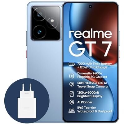 realme GT7, 5G, Smartphone, 12+256GB, 7000 mAh Battery, 120W Charge, Dimensity 9400e Chipset, IMX906 50MP Camera, AI Planner, 6000nits Pro-Esports 120Hz Display, IP69, Blue, Amazon Exclusive realme GT7, 5G, Smartphone, 12+256GB, 7000 mAh Battery, 120W Charge, Dimensity 9400e Chipset, IMX906 50MP Camera, AI Planner, 6000nits Pro-Esports 120Hz Display, IP69, Blue, Amazon Exclusive