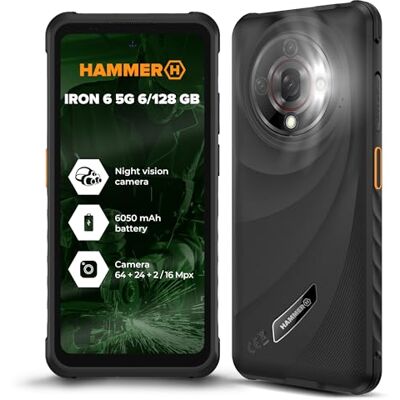 Hammer H Hammer Iron 6 5G 6GB/128GB Outdoor Handy, Baustellenhandy und Rugged Smartphone, 6.56" 120Hz Display, IP69 wasserdicht, 6050mAh Akku, Dual SIM, NFC – Schwarz Hammer H Hammer Iron 6 5G 6GB/128GB Outdoor Handy, Baustellenhandy und Rugged Smartphone, 6.56" 120Hz Display, IP69 wasserdicht, 6050mAh Akku, Dual SIM, NFC – Schwarz
