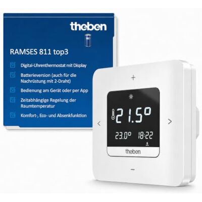 Theben 8119200 Ramses 811 top3 Digital-Uhrenthermostat Batterie Raumthermostat, Bedienung Gerät/App, Bluetooth BLE, Display, 3 Wochenprogramme, Puls-Dauer, Hysterese Komfort, Eco, Absenk Theben 8119200 Ramses 811 top3 Digital-Uhrenthermostat Batterie Raumthermostat, Bedienung Gerät/App, Bluetooth BLE, Display, 3 Wochenprogramme, Puls-Dauer, Hysterese Komfort, Eco, Absenk