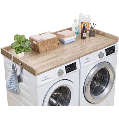 VEVOR Arbeitsplatte für Waschmaschine & Trockner (137 x 69,9 cm) mit Erhöhtem Rand & Haken, zur Organisation und Aufbewahrung im Wäscheschrank Speisekammer Küchentheke, 113 kg Belastbar, Eichenoptik VEVOR Arbeitsplatte für Waschmaschine & Trockner (137 x 69,9 cm) mit Erhöhtem Rand & Haken, zur Organisation und Aufbewahrung im Wäscheschrank Speisekammer Küchentheke, 113 kg Belastbar, Eichenoptik