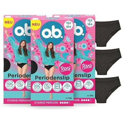 o.b. Teens Periodenslip, 3 Stk Wiederverwendbare Periodenunterwäsche, speziell für Teens entwickelt, bietet Schutz für eine starke Periode, Größe 152-164 o.b. Teens Periodenslip, 3 Stk Wiederverwendbare Periodenunterwäsche, speziell für Teens entwickelt, bietet Schutz für eine starke Periode, Größe 152-164