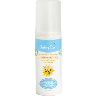 Childs Farm Sonnenschutzspray für Kinder und Babys, sehr hoher Schutz mit LSF 50+, wasserfest, UVA- und UVB-Schutz, 100ml Für trockene, empfindliche oder auch zu Ekzemen neigende Haut geeignet Childs Farm Sonnenschutzspray für Kinder und Babys, sehr hoher Schutz mit LSF 50+, wasserfest, UVA- und UVB-Schutz, 100ml Für trockene, empfindliche oder auch zu Ekzemen neigende Haut geeignet