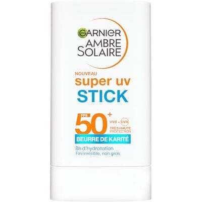 Garnier Ambre Solaire Super UV-Stick SPF50+ für das Gesicht, empfindliche Kakaobutter, Kakaobutter, Vitamin E, unsichtbar, nicht fettend, getestet für empfindliche Haut, langer UVA-UVB-Schutz Garnier Ambre Solaire Super UV-Stick SPF50+ für das Gesicht, empfindliche Kakaobutter, Kakaobutter, Vitamin E, unsichtbar, nicht fettend, getestet für empfindliche Haut, langer UVA-UVB-Schutz