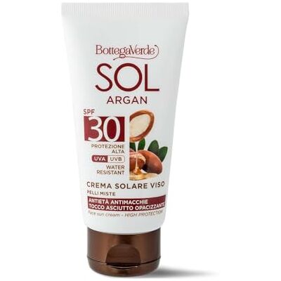 Bottega Verde SOL Argan Sonnencreme für das Gesicht, 50 ml, LSF 30, Anti-Aging und Fleckenschutz, hoher Schutz, angereichert mit Arganöl und Vitamin E, mattierend, vegane Formel, für Mischhaut und Bottega Verde SOL Argan Sonnencreme für das Gesicht, 50 ml, LSF 30, Anti-Aging und Fleckenschutz, hoher Schutz, angereichert mit Arganöl und Vitamin E, mattierend, vegane Formel, für Mischhaut und