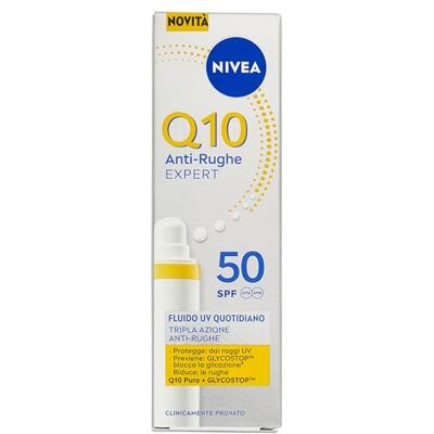 NIVEA Q10 Anti-Falten Expert UV Fluid Täglich LSF 50 40 ml, Anti-Falten-Gesichtscreme mit 3-facher Wirkung mit Sonnenschutz, Gesichtscreme LSF 50 mit reinem Q10 und Glycostop gegen UV-Strahlen und NIVEA Q10 Anti-Falten Expert UV Fluid Täglich LSF 50 40 ml, Anti-Falten-Gesichtscreme mit 3-facher Wirkung mit Sonnenschutz, Gesichtscreme LSF 50 mit reinem Q10 und Glycostop gegen UV-Strahlen und