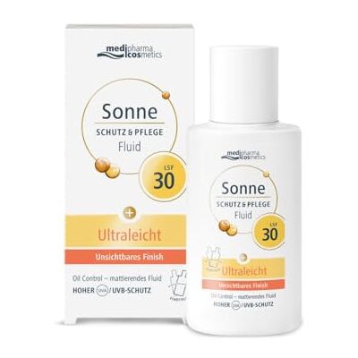 Medipharma Cosmetics Sonnenfluid LSF 30 – Ultraleichtes Sonnenschutz Fluid mit Oil Control Effekt – Hoher UVA/UVB Schutz, Glycerin & Vitamin E – Unsichtbares Finish, zieht schnell ein & fettet nicht Medipharma Cosmetics Sonnenfluid LSF 30 – Ultraleichtes Sonnenschutz Fluid mit Oil Control Effekt – Hoher UVA/UVB Schutz, Glycerin & Vitamin E – Unsichtbares Finish, zieht schnell ein & fettet nicht