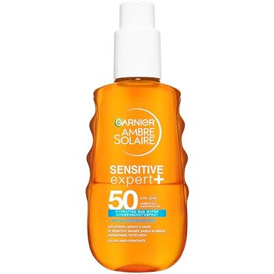 Garnier Ambre Solaire Sensitive Expert + Hydrating UV Water Sonnenschutzspray LSF 50 – Sonnen-Spray für Körper, Gesicht, Kopfhaut & Haare – Wasserfest, sandresistent & nicht fettend – 150ml Garnier Ambre Solaire Sensitive Expert + Hydrating UV Water Sonnenschutzspray LSF 50 – Sonnen-Spray für Körper, Gesicht, Kopfhaut & Haare – Wasserfest, sandresistent & nicht fettend – 150ml