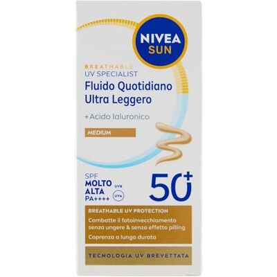 Nivea Sun Ultra leichtes Tagesfluid LSF 50+ Medium 40 ml, feuchtigkeitsspendende Gesichtssonnencreme mit Hyaluronsäure, getönte Gesichtscreme für langanhaltende Abdeckung, ultraleichter Sonnenschutz Nivea Sun Ultra leichtes Tagesfluid LSF 50+ Medium 40 ml, feuchtigkeitsspendende Gesichtssonnencreme mit Hyaluronsäure, getönte Gesichtscreme für langanhaltende Abdeckung, ultraleichter Sonnenschutz