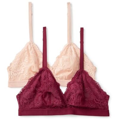 Amazon Damen Stretch-Triangel-Bralette mit Galonspitze, 2er-Pack, Burgunderrot/Helles Blütenblatt, L Amazon Damen Stretch-Triangel-Bralette mit Galonspitze, 2er-Pack, Burgunderrot/Helles Blütenblatt, L